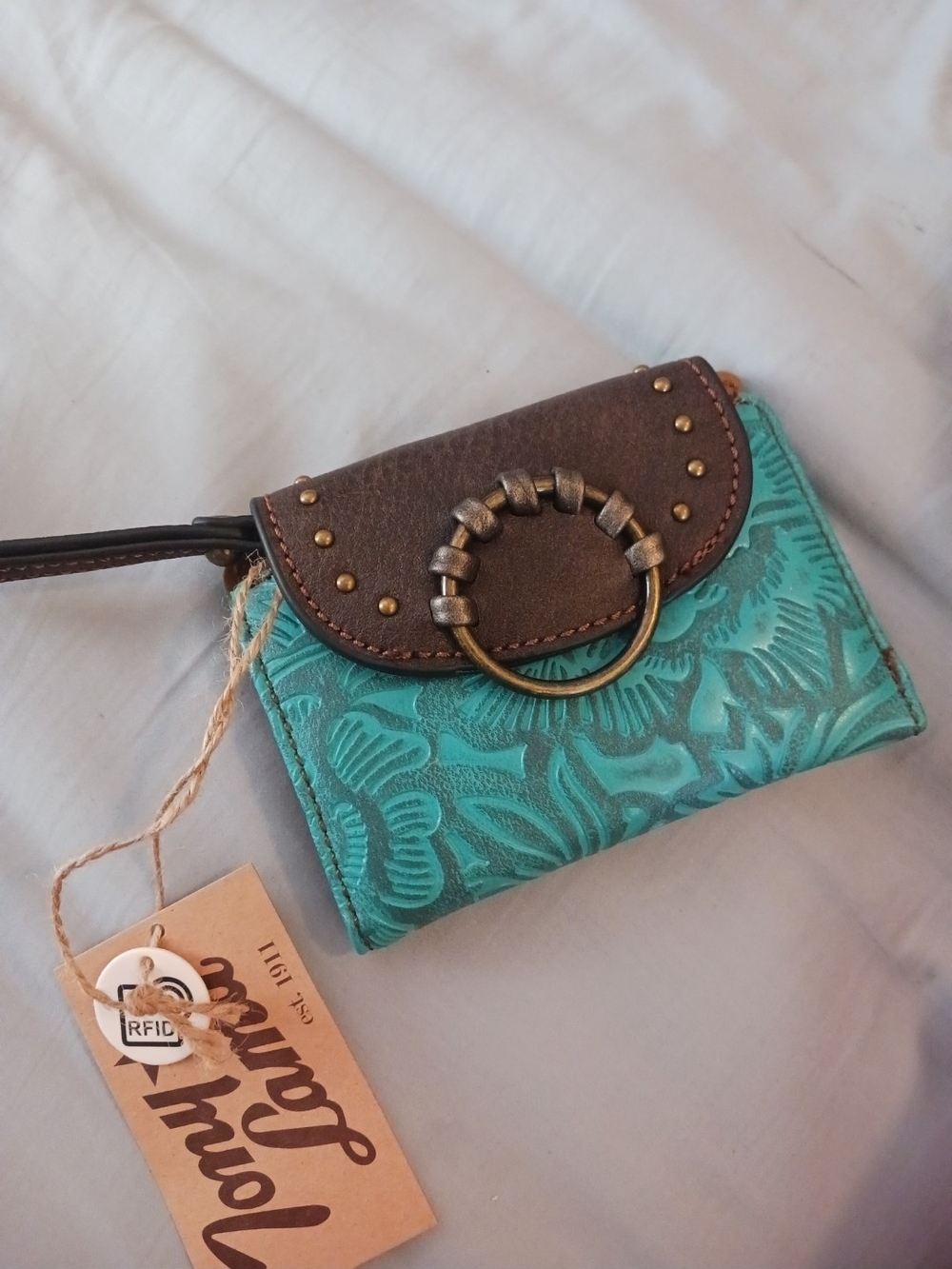 Tony Lama Turquoise Floral Embossed Wristlet Wallet with Brown Leather Flap